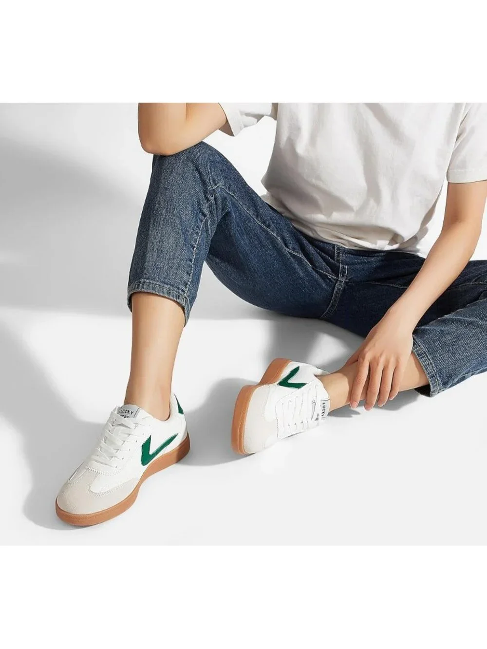 Women's White/Green Classic Fashion Skate No Slip Lace Up Walking Sneaker Shoes